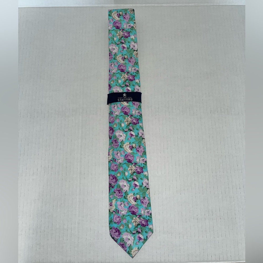 NWT Stafford Aqua And Lavender Floral Men's Neck Tie Made In USA
